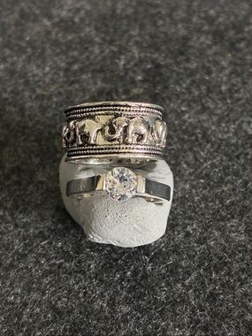 2 Rings, Size 6.5, Silver Elephant Band & Solitaire-Style Silver Ring, 006R
